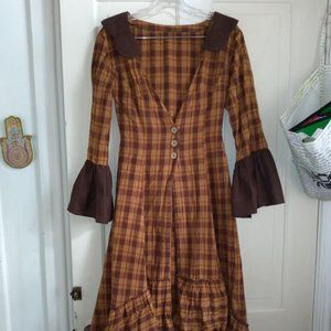 One-of-a-kind Handmade Orange Rust Brown Plaid dress Hi-low Ruffles Cottagecore